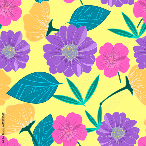 Seamless pattern of colorful flower with green leaves on light yellow color background. Beautiful floral pattern.