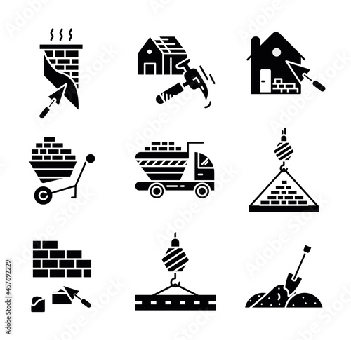 House roof repair process, chimney plastering, house construction and brick transport icon set. Architecture and art vector illustration set. Editable row set. Silhouette icon set.