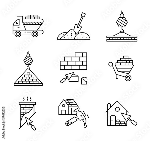 House roof repair process, chimney plastering, house construction and brick transport icon set. Architecture icon. Art vector illustration set. Editable row set. Linear icon set.