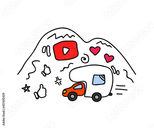 House on wheels. YouTube button. Iwonki. Vector illustration.