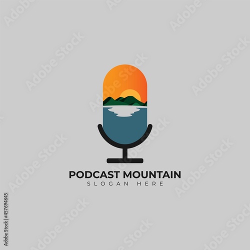 Mountain sunset podcast mic logo design