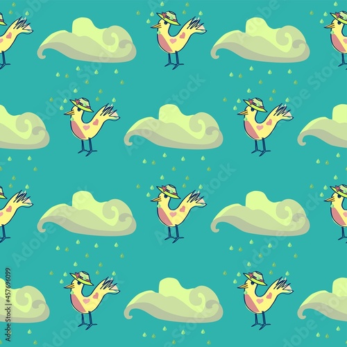 Cute Birds Under Rain Clouds Vector Seamless Pattern