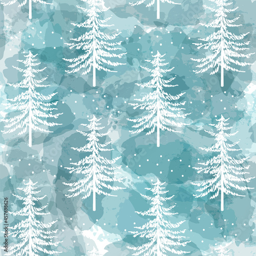 Christmas tree seamless vector pattern. Watercolor Noel firs print, winter frozen pine trees on blue background, wallpaper, wrapping paper design © Good Goods