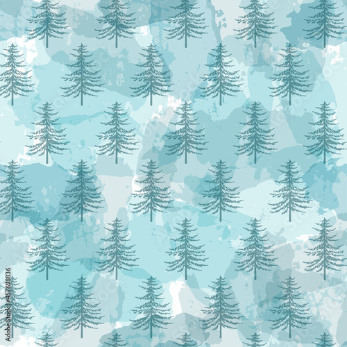 Christmas tree seamless vector pattern. Watercolor Noel firs print, winter frozen pine trees on blue background, wallpaper, wrapping paper design © Good Goods