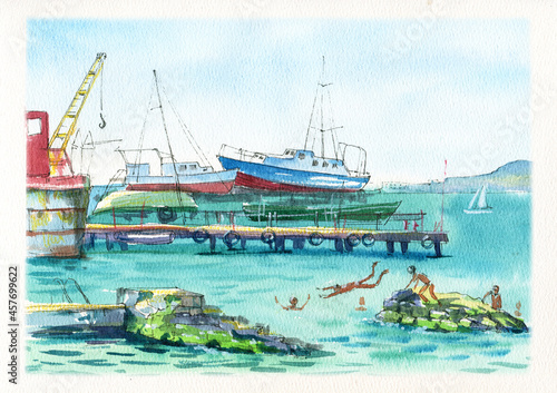 A picturesque bay with boats and ships. People are swimming at the old pier. Berths in the port. Sevastopol, Crimea. Freehand drawing.