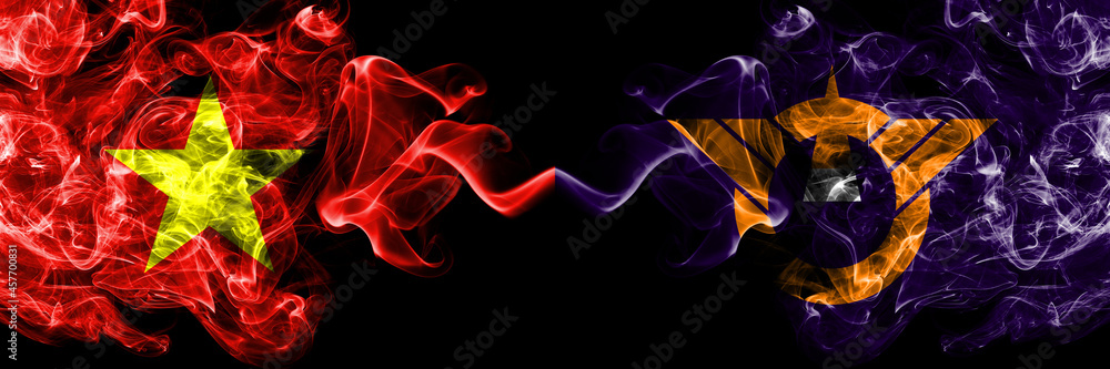 Vietnam, Vietnamese vs Japan, Japanese, Shari, Hokkaido, Okhotsk, Subprefecture smoke flags side by side. Vietnam, Vietnamese vs Japan, Japanese, Shari, Hokkaido, Okhotsk, Subprefecture smoke flags side by side.