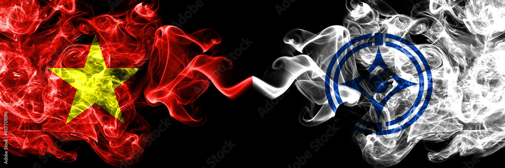 Vietnam, Vietnamese vs Japan, Japanese, Tomari, Hokkaido, Nemuro, Subprefecture smoke flags side by side. Vietnam, Vietnamese vs Japan, Japanese, Tomari, Hokkaido, Nemuro, Subprefecture smoke flags side by side.