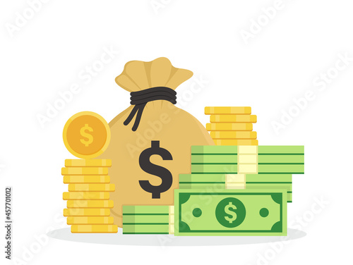 Money bag and gold coins on white background. Stack of dollar coins and banknotes. Wealth and banking icon. Dollar banknotes. Cash money. Budget, investment profit, money fund, income or value assets