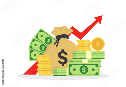 Money bag, gold coins and upward arrow graph growth. Concept of business success. Dollar coins and banknotes. Wealth and banking icon. Budget, investment profit, money fund, income. Capital gains.