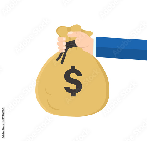 Businessman hand with money bag on white background. Loans and investments. Banking, investment, deposit. Earning money concept. Capital gains. Bag of money in the hands of a businessman. Vector