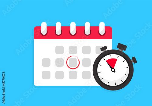 Calendar and stopwatch flat icon. Calendar deadline. Icon notice message with clock, agenda symbol with selected important day. Business concept. Time appointment, reminder date concept. Vector