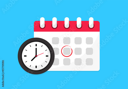 Calendar icon with clock. Calendar deadline. Icon notice message with clock, agenda symbol with selected important day. Business concept. Time appointment, reminder date concept, time management.