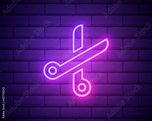 Shining scissors neon sign. Hairdressing salon, style and fashion concept. Advertisement design. Night bright colorful billboard, light banner. Vector illustration in neon style