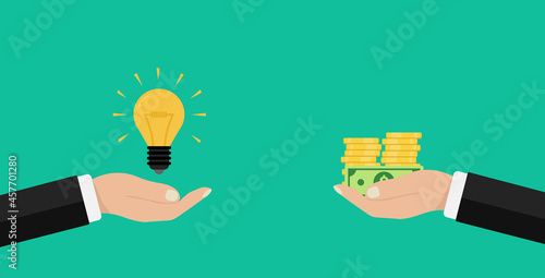 Two businessmen on the deal, exchange money for an idea. Hand holds money, hand holds a light bulb. Business financing concept of ideas. Buy idea, investment, modern technology. Vector illustration