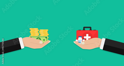 Hands scales with pile of money and drugs, pills and fmedical kit. The hand gives money for medicines. Buying and selling drugs. Health insurance and healthcare. Paid ambulance. Pharmacy shop.
