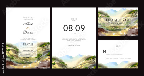 wedding invitation cards with pine forest landscape watercolor photo
