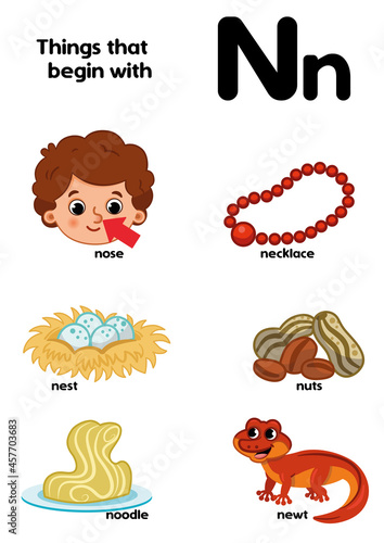 Things that start with the letter N. Educational, vector illustration for children.
