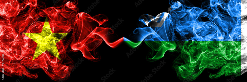 Vietnam, Vietnamese vs Russia, Russian, Yugra smoke flags side by side. Vietnam, Vietnamese vs Russia, Russian, Yugra smoke flags side by side.