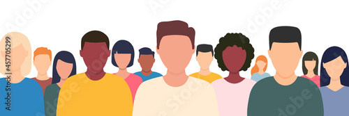 Young multicultural people crowd. Human portraits collection. Diverse business men and women avatar icon. Male and female faces group. Vector illustration isolated on white
