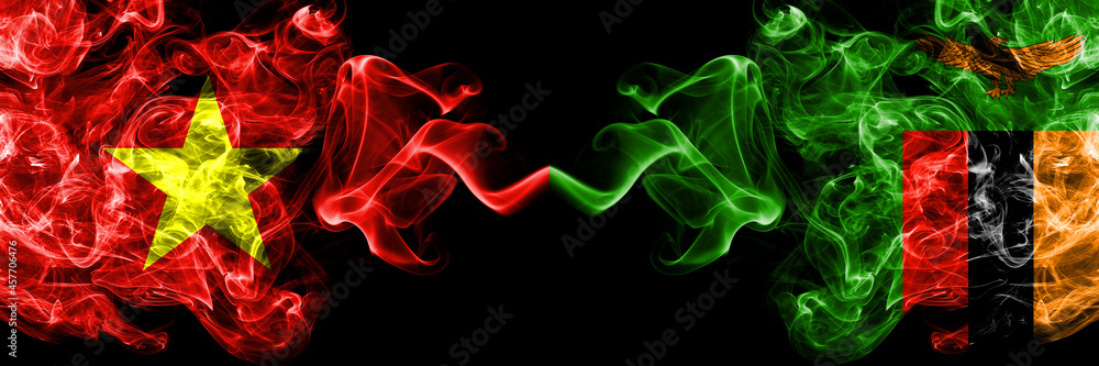 Fototapeta premium Vietnam, Vietnamese vs Zambia, Zambian smoke flags side by side.