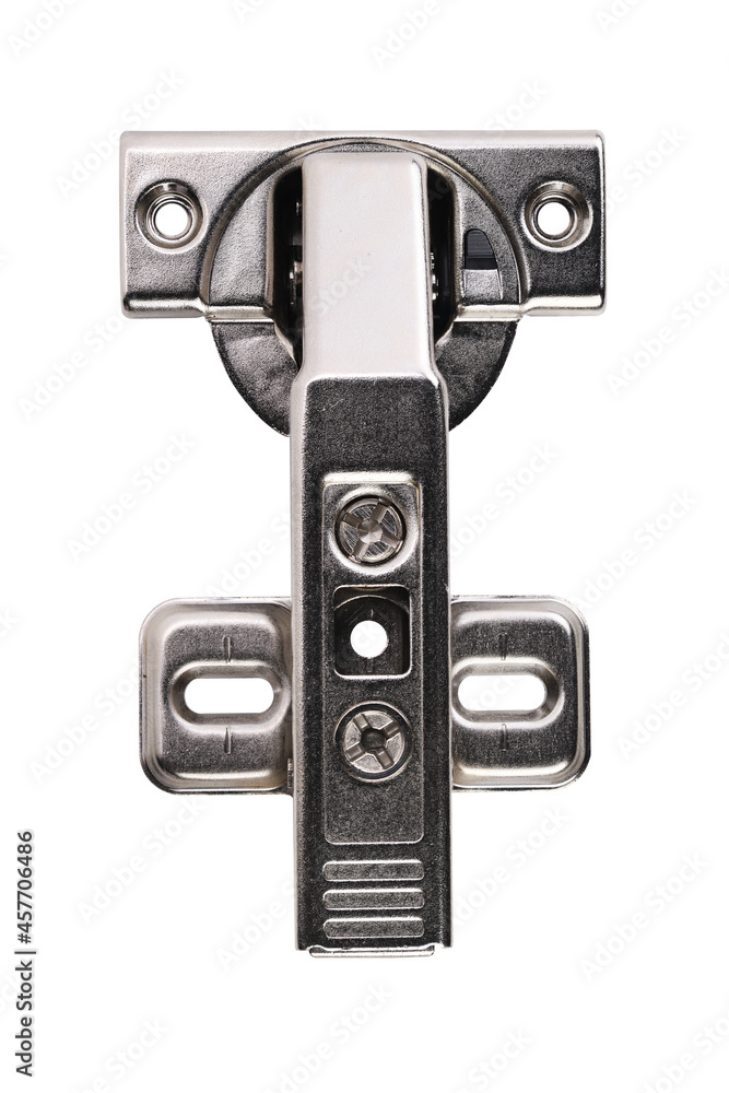 Modern metal hinge for the kitchen door. Accessories for assembling kitchen furniture. Isolated background. Modern metal hinge for the kitchen door. Accessories for assembling kitchen furniture. Isolated background.