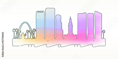 Miami, FL, USA Skyline Watercolor City Illustration. Famous Buildings Silhouette Hand Drawn Doodle Art. Vector Landmark Sketch Drawing.