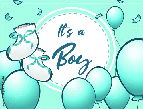Baby shower greeting card. It's a boy  blue greeting card. Realistic balloons and baby boy socks vector illustrations. Greeting or invitation vector card for new born baby boy. 