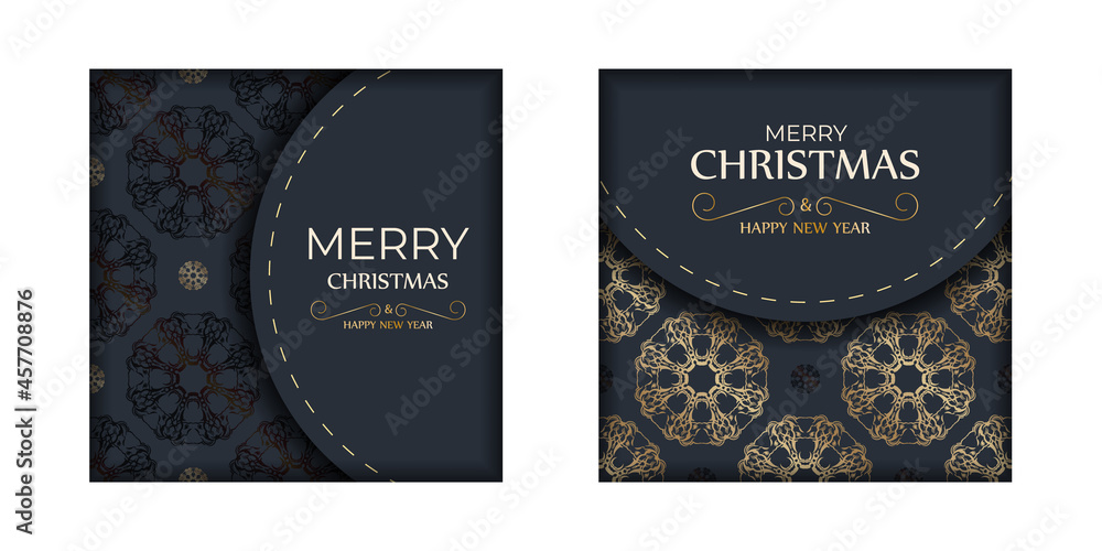 Merry christmas flyer template in dark blue color with luxury gold ornaments