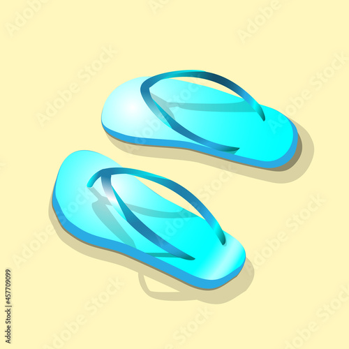 Vector blue flip flops or beach slippers on the sand. Illustration.