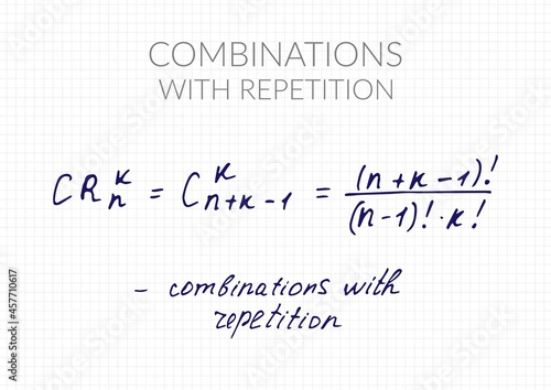 Combinations with repetition formula. Vector mathematical theorem handwritten on a checkered sheet