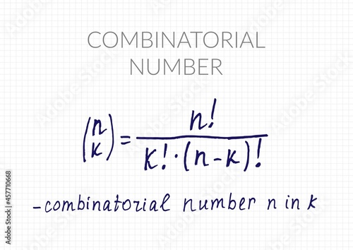 Combinatorial number formula. Vector mathematical theorem handwritten on a checkered sheet