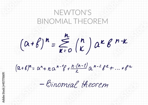 Newton's binomial theorem. Vector mathematical formula handwritten on a checkered sheet