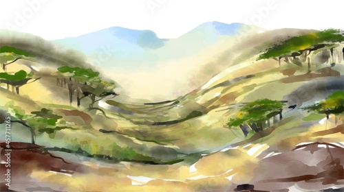 Watercolor landscape with mountains, blue sky, clouds, green glade with dandelion. Hand drawn nature european background. Painting countryside illustration