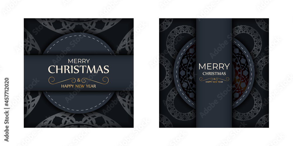 Postcard template Merry christmas in dark blue color with luxury ornaments