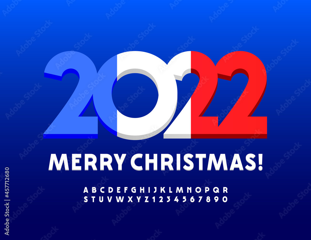 Vector Merry Christmas 2022 Greeting Card with French Flag. Stylish White Font. Artistic 3D Alphabet Letters and Numbers Vector Merry Christmas 2022 Greeting Card with French Flag. Stylish White Font. Artistic 3D Alphabet Letters and Numbers