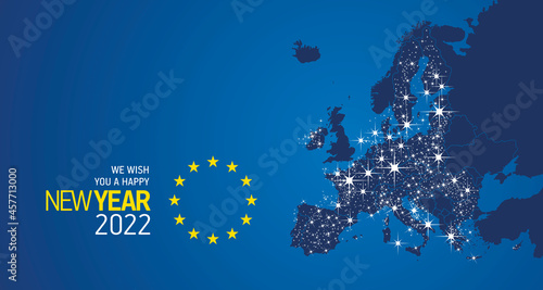 We wish you a Happy New Year 2022 Europe yellow stars flag Christmas sparkle firework light map blue background