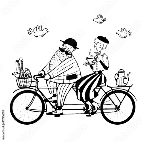 man and woman riding tandem bicycle, ink art illustration, vector vintage clipart with cartoon characters good for print and card design