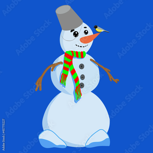 Christmas Snowman wearing a metal bucket and red-green scarf and titmouse.