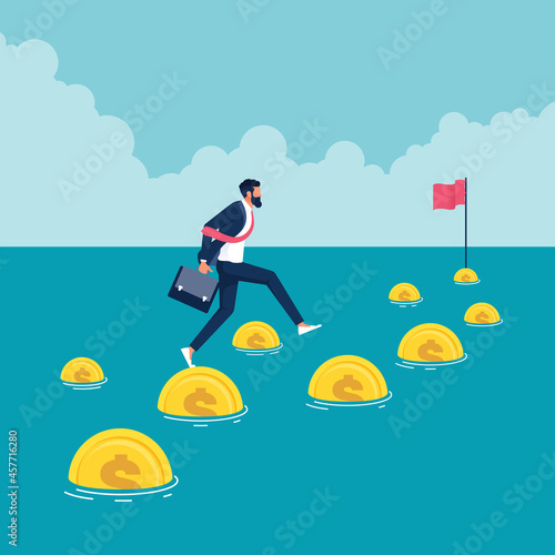 Businessman jump over stepping money to achieve target flag, Financial goal and investment plan to achieve target concept