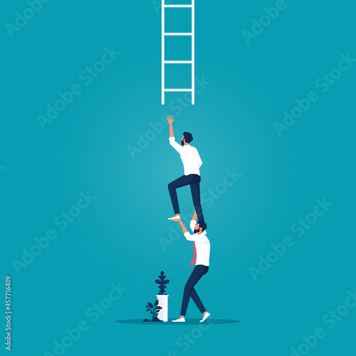 Businessman coworker support his colleague reaching to climb ladder of success, teamwork collaboration or partnership help to reach target