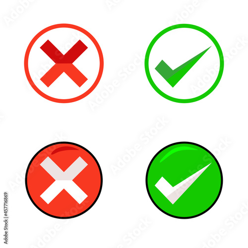 Green tick ok and red x cross checkmarks. Circle shape. Vector illustration.