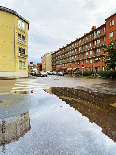 rain puddle after urban downpour