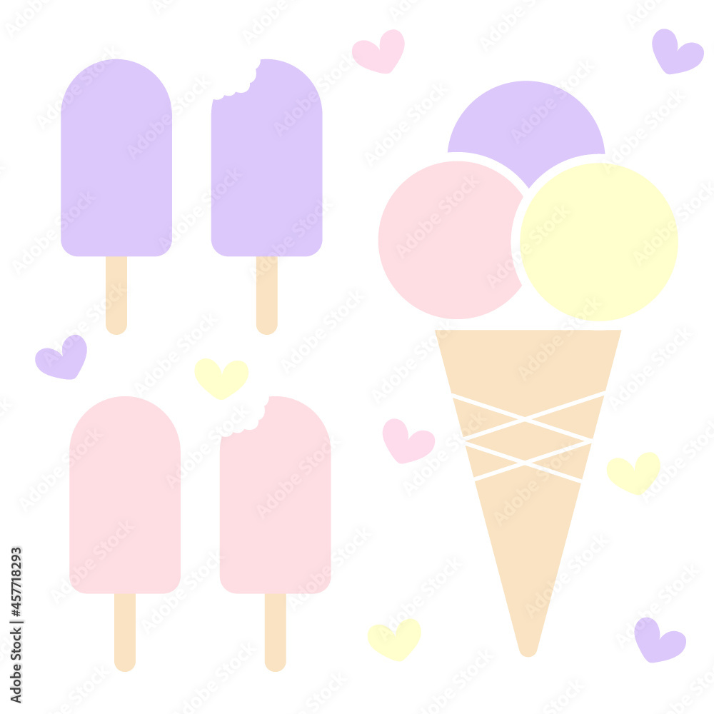 Set with ice cream cone and fruit ice in cartoon style Set with ice cream cone and fruit ice in cartoon style