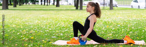 Girl gymnast in the park goes in for sports. Photo series. Banner