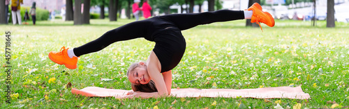 Girl gymnast in the park goes in for sports. Photo series. Banner