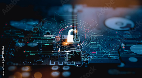 Cyber security.Digital padlock icon,Cyber security technology network and data protection technology on virtual dashboard.Online internet authorized access against cyber attack privacy business data