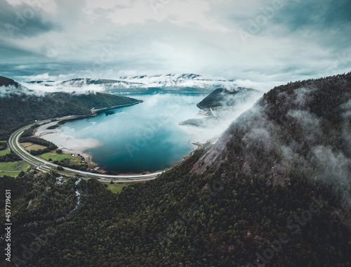 Fototapeta Naklejka Na Ścianę i Meble -  Aerial View of a Forest with coast in Norway
