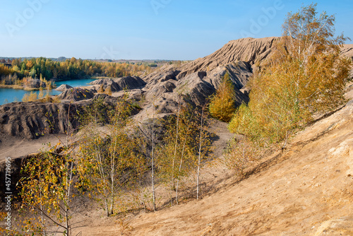 Konduki  Tula region  Romancevskie mountains  Abandoned Ushakov quarries. The mud erosion of the soil looks like mountains. The area is overgrown with young birches. Beautiful natural landscape