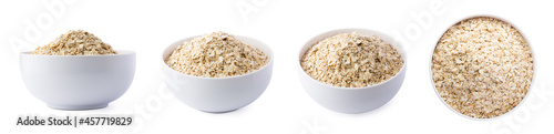 set of dry common oatmeal in a bowl, popular healthy cereal grainy food isolated on white background, taken in different angles