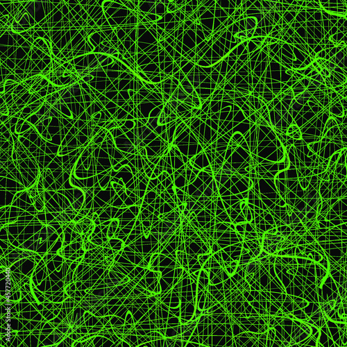 Green chaotic lines background. Hand drawn lines. Tangled chaotic pattern. Vector illustration.